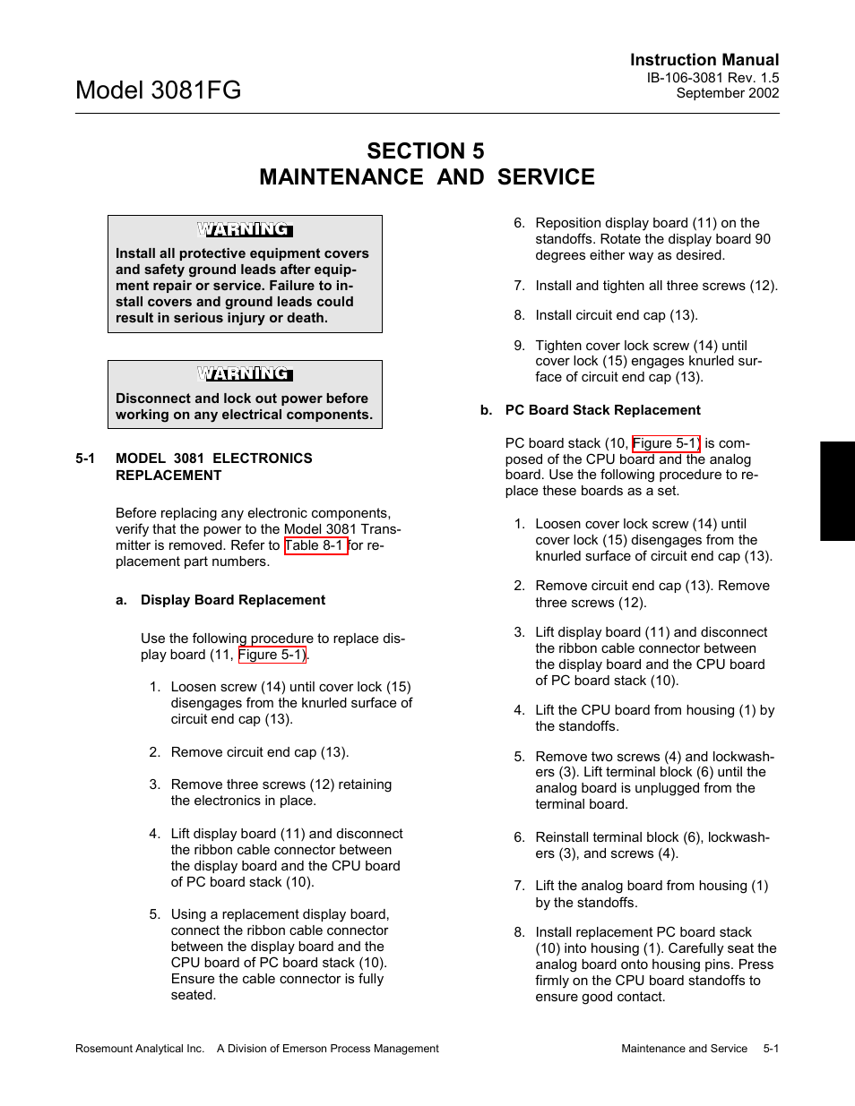 Maintenance and service, Model 3081 electronics replacement, Maintenance and service -1 | Model 3081 electronics replacement -1, Model 3081fg | Emerson 3081FG User Manual | Page 55 / 78