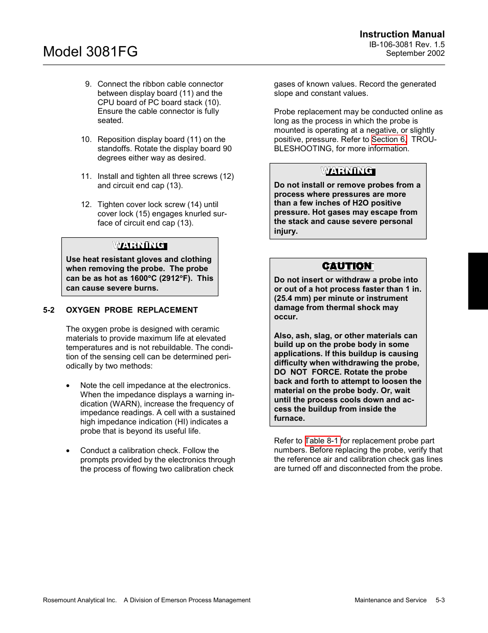 Oxygen probe replacement, Oxygen probe replacement -3, Model 3081fg | Emerson 3081FG User Manual | Page 57 / 78