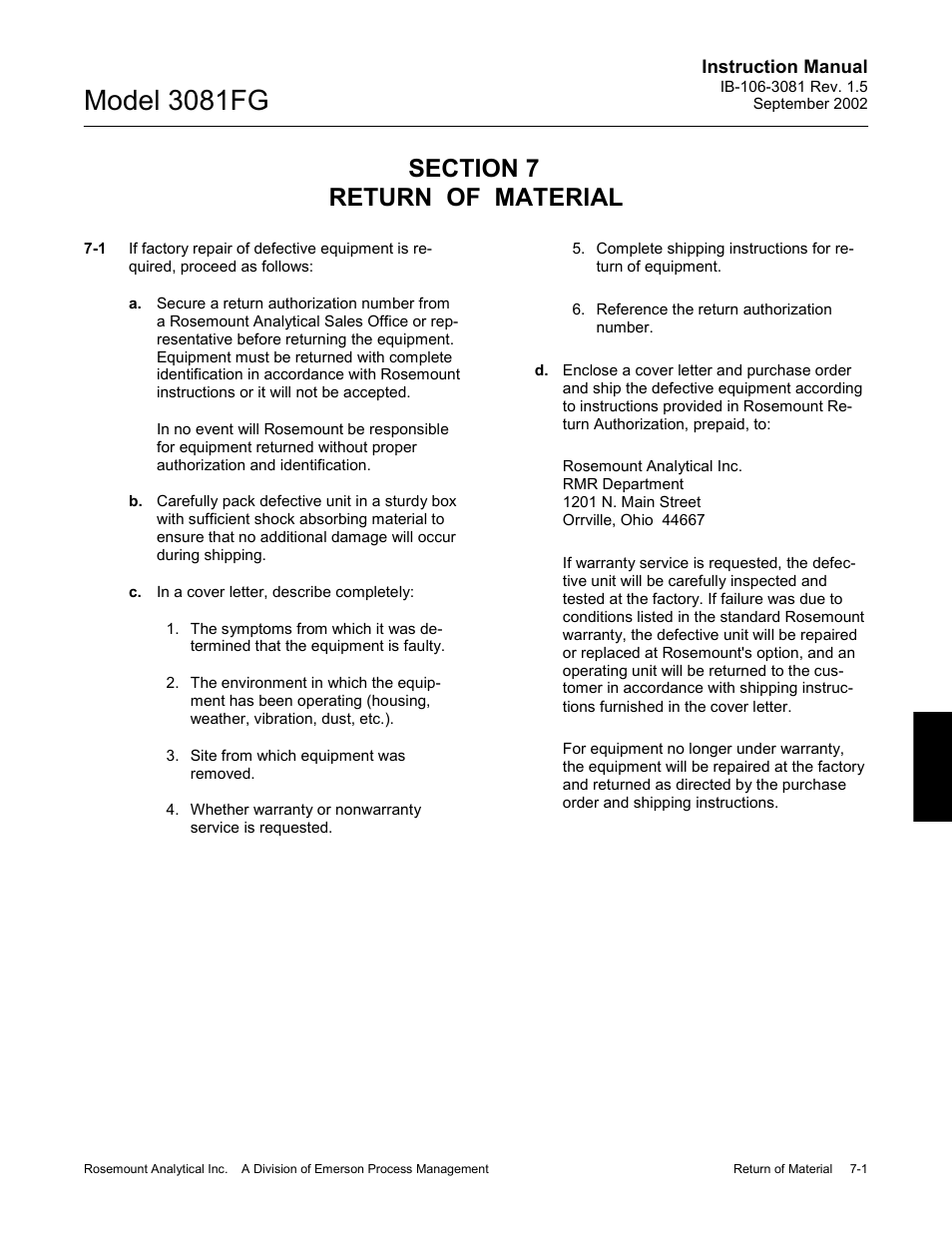 Return of material, Return of material -1, Model 3081fg | Emerson 3081FG User Manual | Page 67 / 78