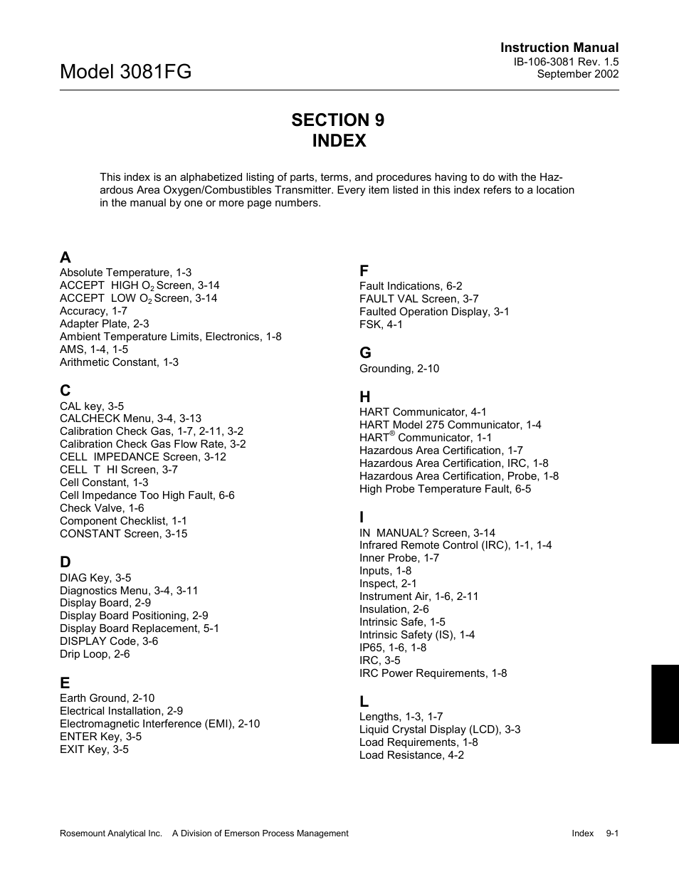 Index, 0 index -1, Model 3081fg | Emerson 3081FG User Manual | Page 71 / 78