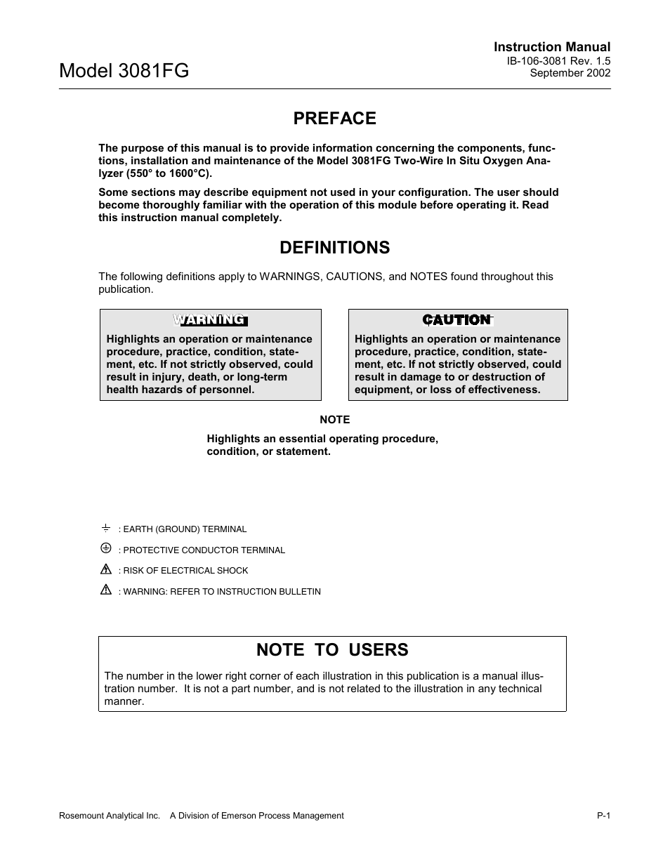 Definitions, Note to users, Model 3081fg | Preface | Emerson 3081FG User Manual | Page 9 / 78