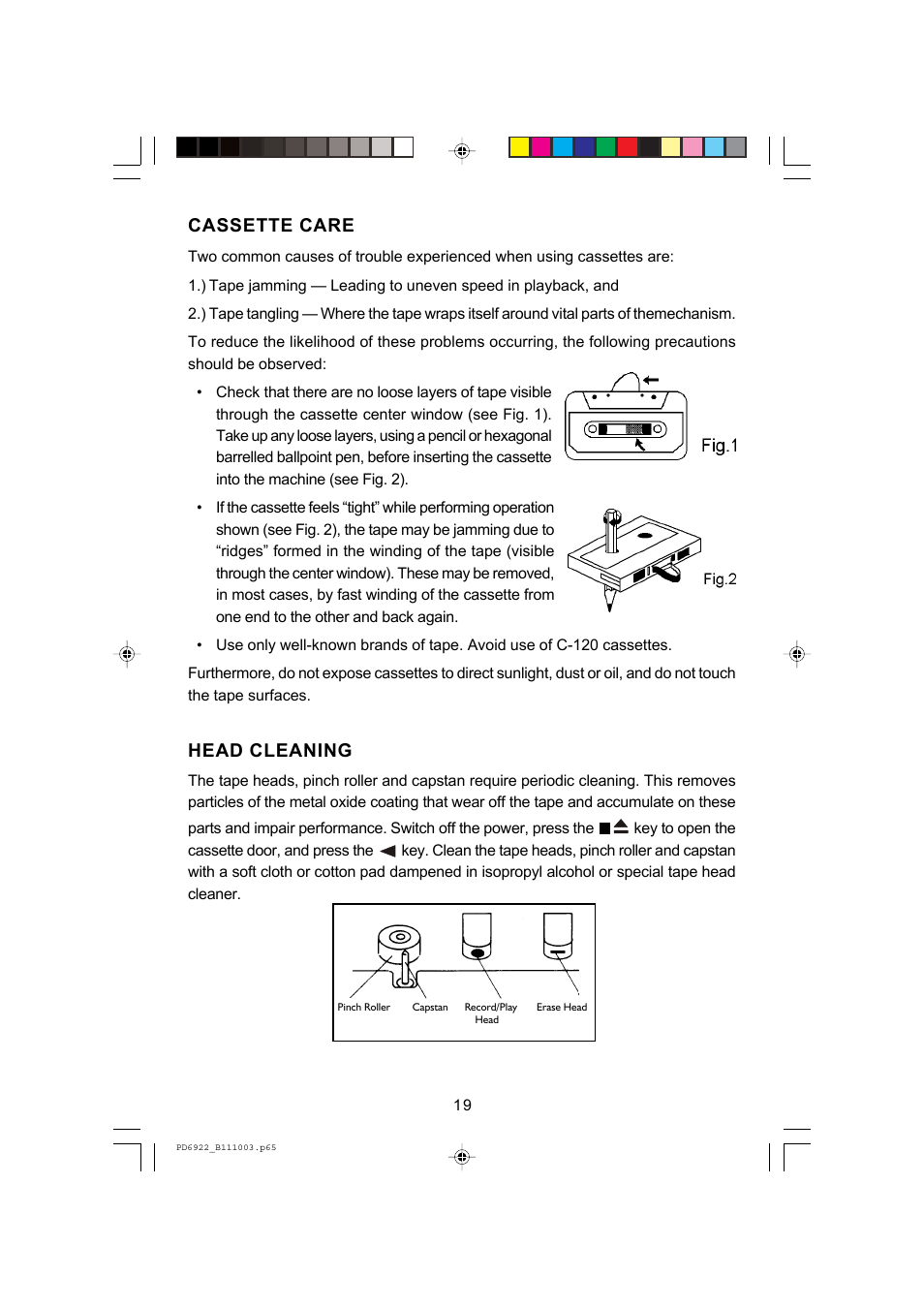 Cassette care, Head cleaning | Emerson Radio PD6922 User Manual | Page 20 / 24