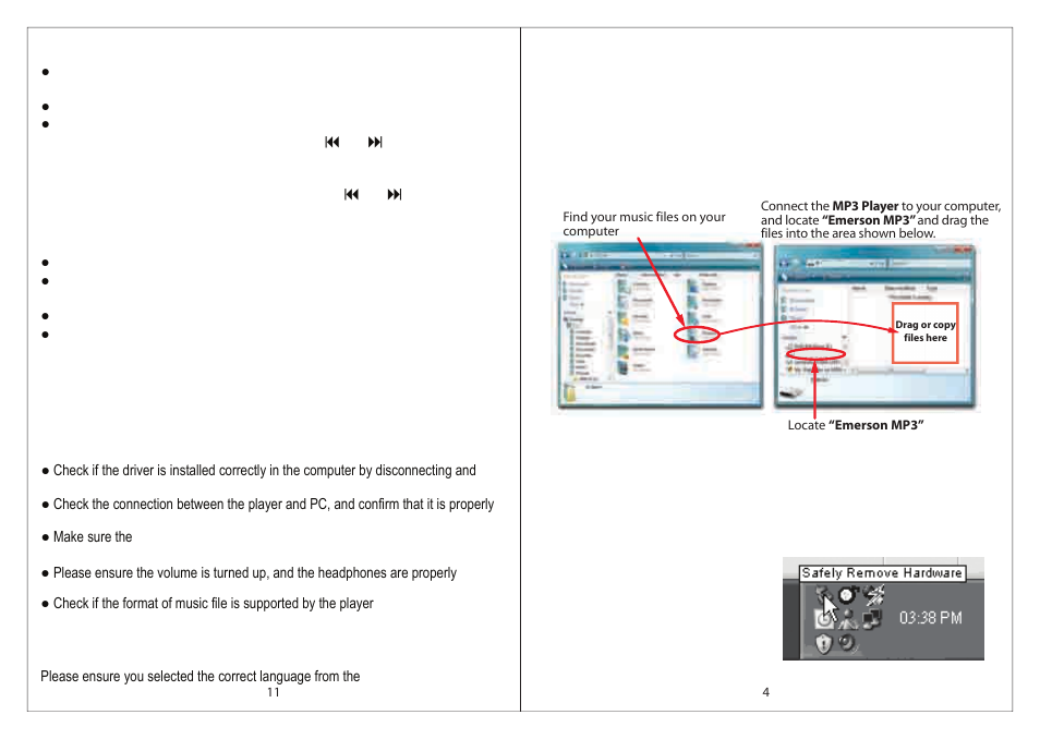 Transferring media files to the player, Disconnecting the player, Changing the player’s settings (continued) | Troubleshooting | Emerson EMP385-2 User Manual | Page 5 / 8
