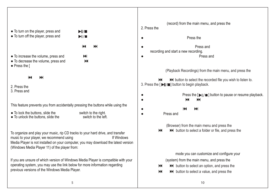 Basic operation, Windows media player, Voice recording and playback | Browser, Changing the player’s settings | Emerson EMP385-2 User Manual | Page 6 / 8