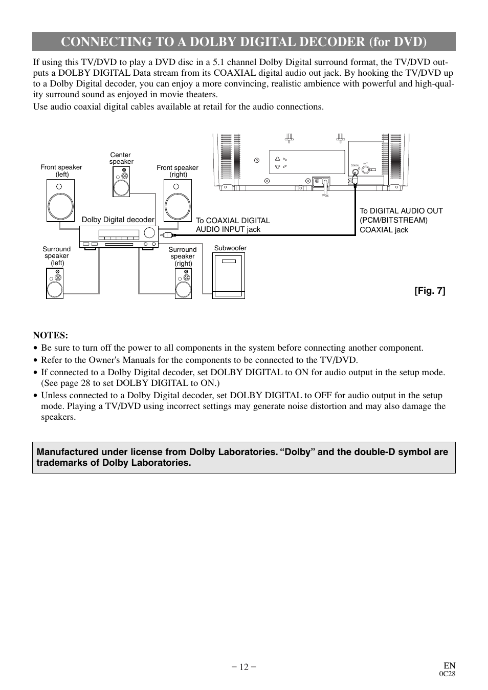 Connecting to a dolby digital decoder (for dvd) | Emerson EWC13D4 User Manual | Page 12 / 40