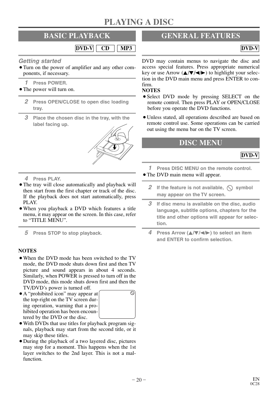 Playing a disc, Basic playback, General features | Disc menu | Emerson EWC13D4 User Manual | Page 20 / 40
