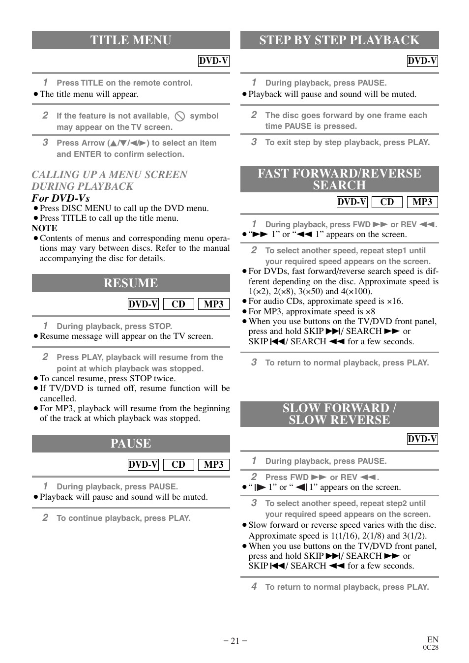 Step by step playback, Resume, Pause | Title menu | Emerson EWC13D4 User Manual | Page 21 / 40