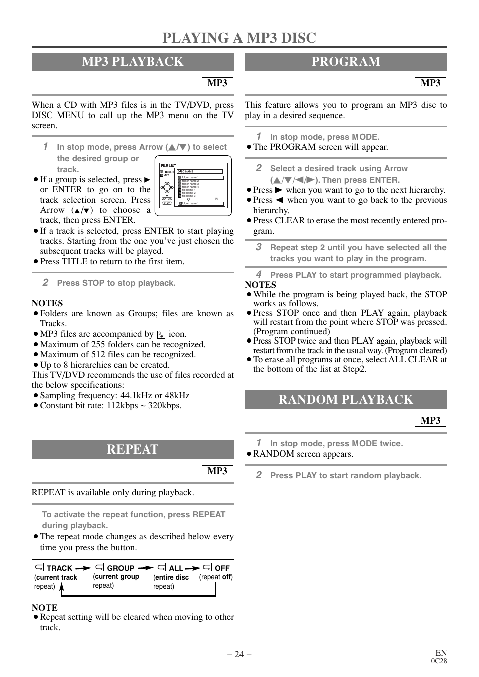 Playing a mp3 disc, Mp3 playback, Random playback | Program repeat | Emerson EWC13D4 User Manual | Page 24 / 40
