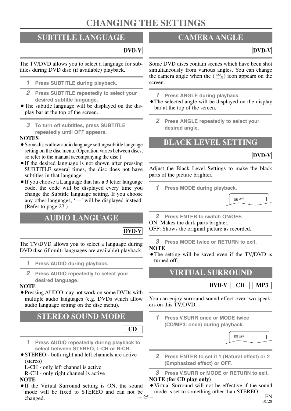 Changing the settings, Audio language, Stereo sound mode | Subtitle language camera angle, Black level setting, Virtual surround | Emerson EWC13D4 User Manual | Page 25 / 40