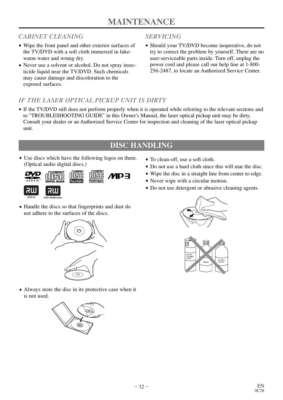 Maintenance, Disc handling | Emerson EWC13D4 User Manual | Page 32 / 40