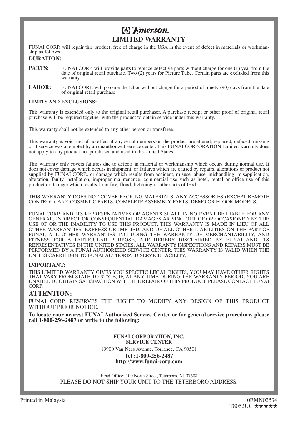 Limited warranty, Attention | Emerson EWC13D4 User Manual | Page 40 / 40