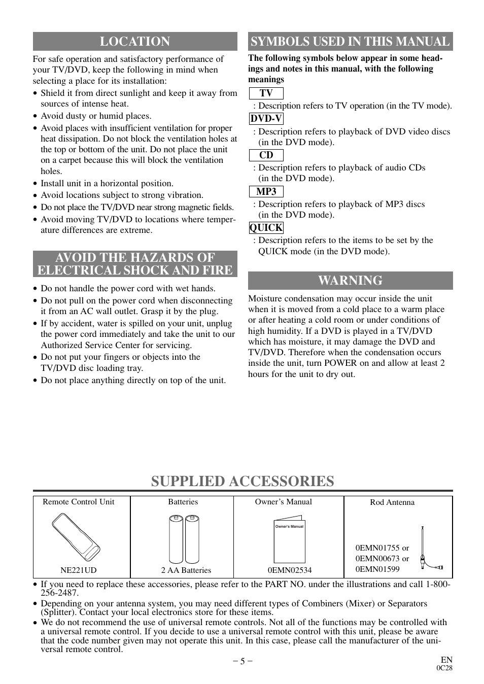 Supplied accessories, Warning, Symbols used in this manual | Emerson EWC13D4 User Manual | Page 5 / 40