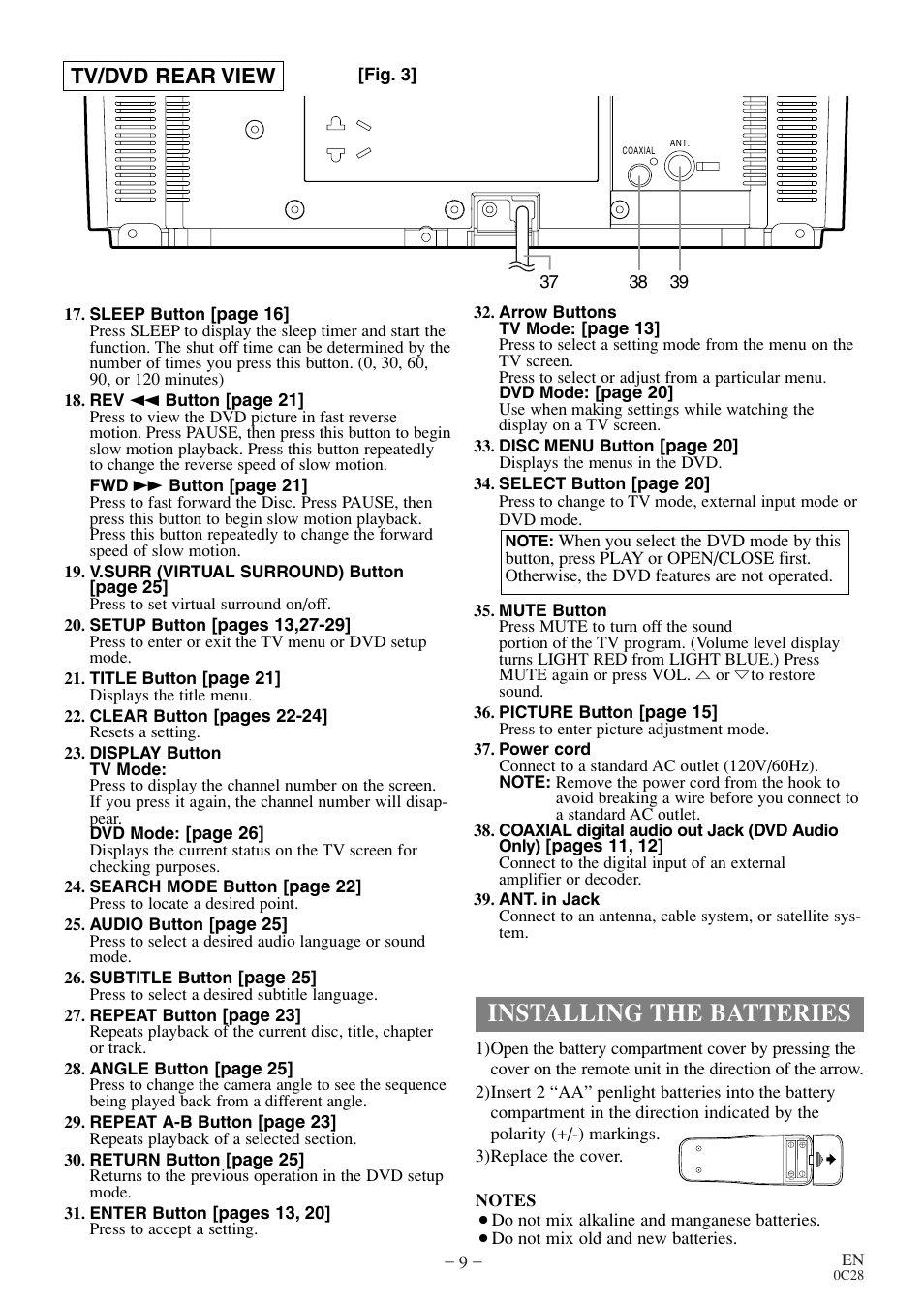 Installing the batteries, Tv/dvd rear view | Emerson EWC13D4 User Manual | Page 9 / 40