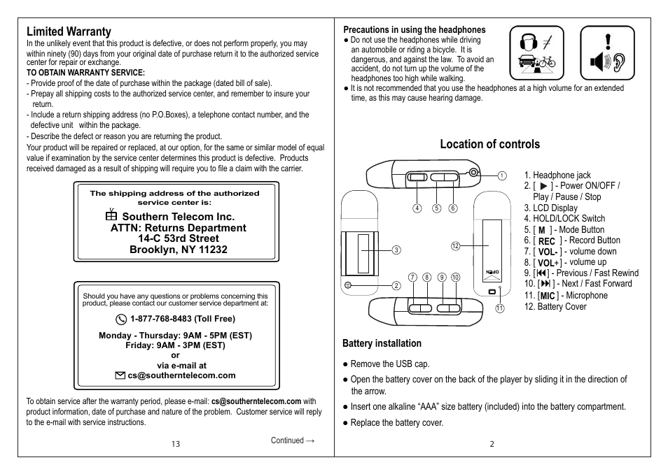 Location of controls, Limited warranty | Emerson EMP212-2 User Manual | Page 3 / 8