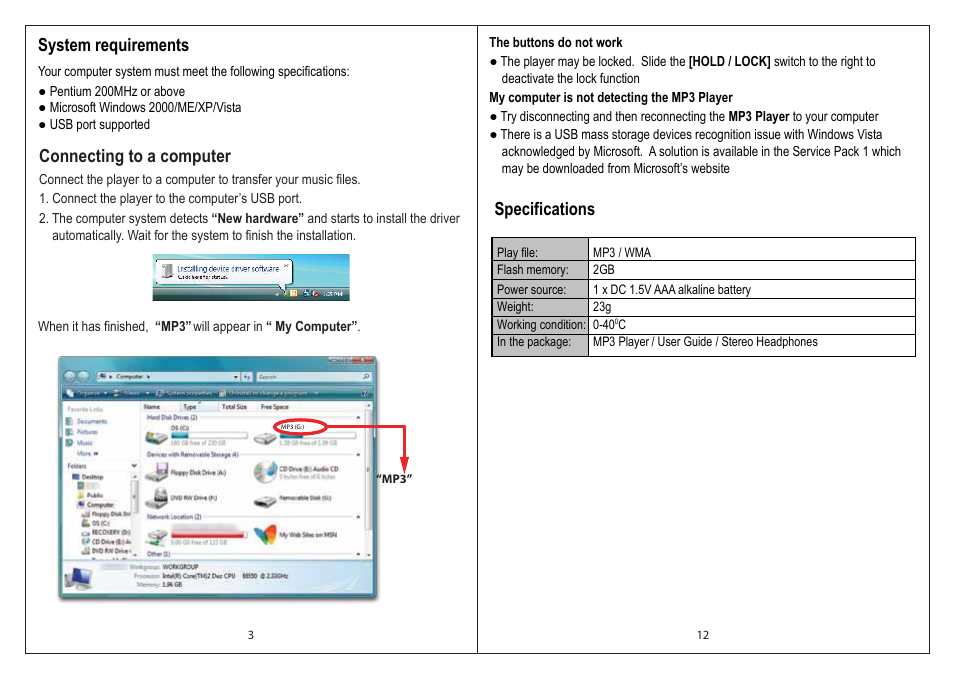 Connecting to a computer, System requirements, Specifications | Emerson EMP212-2 User Manual | Page 4 / 8