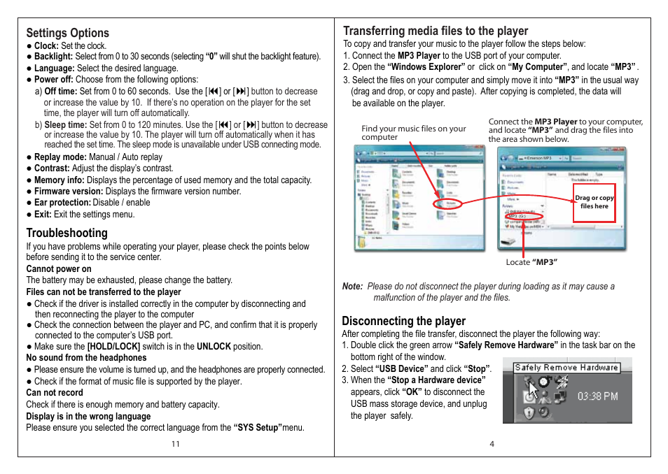 Transferring media files to the player, Disconnecting the player, Settings options | Troubleshooting | Emerson EMP212-2 User Manual | Page 5 / 8