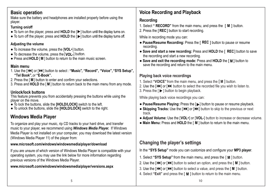 Basic operation, Windows media player, Voice recording and playback | Changing the player’s settings | Emerson EMP212-2 User Manual | Page 6 / 8