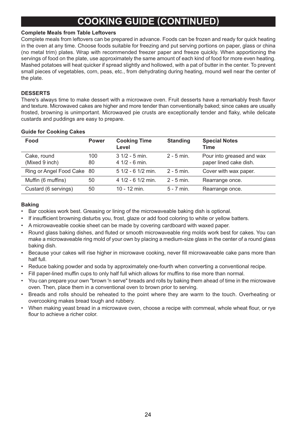Cooking guide (continued) | Emerson Radio MW1161SB User Manual | Page 25 / 28