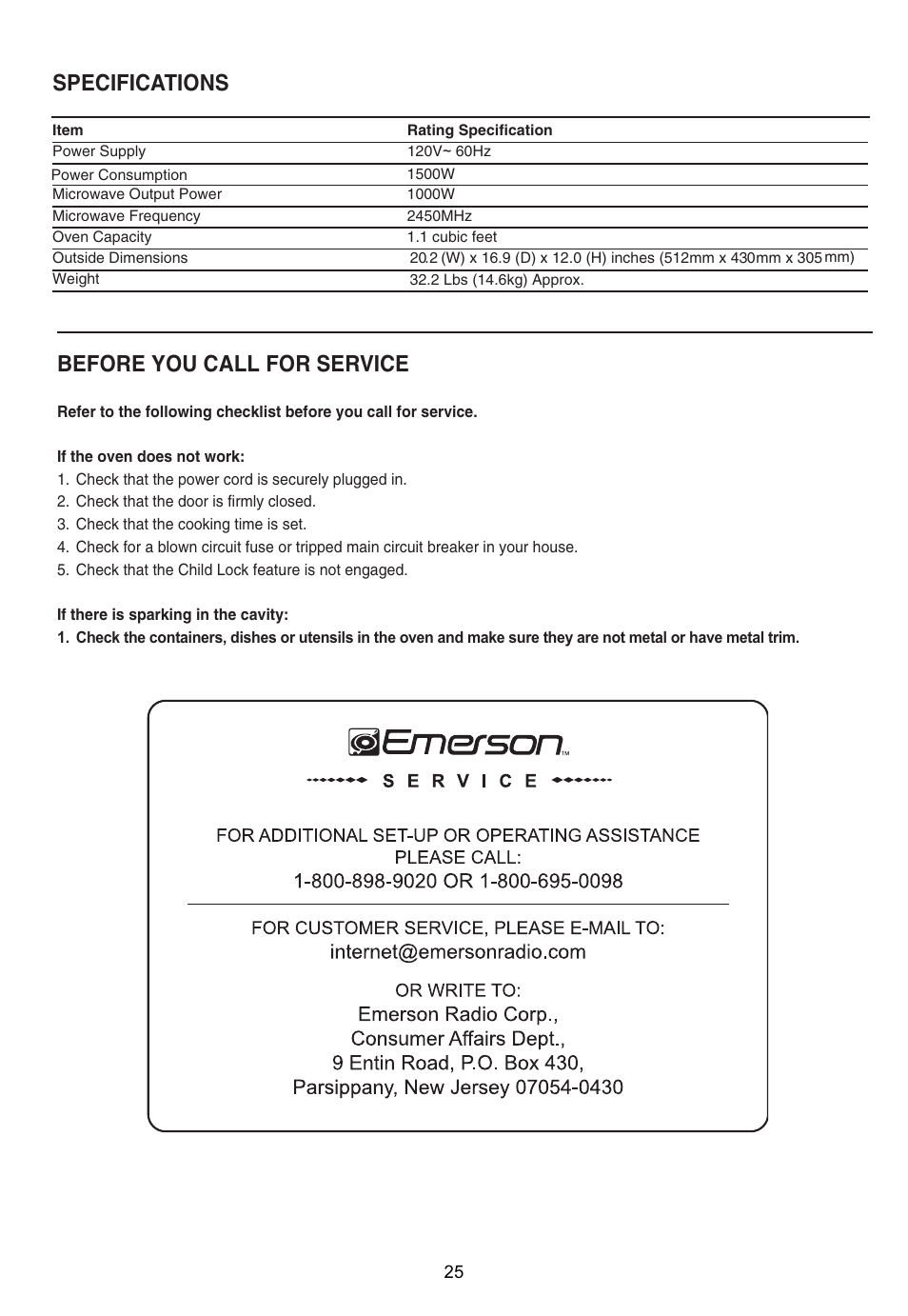 Specifications, Before you call for service | Emerson Radio MW1161SB User Manual | Page 26 / 28