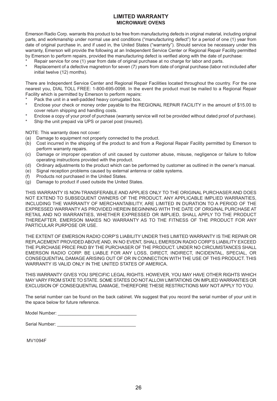 Emerson Radio MW1161SB User Manual | Page 27 / 28