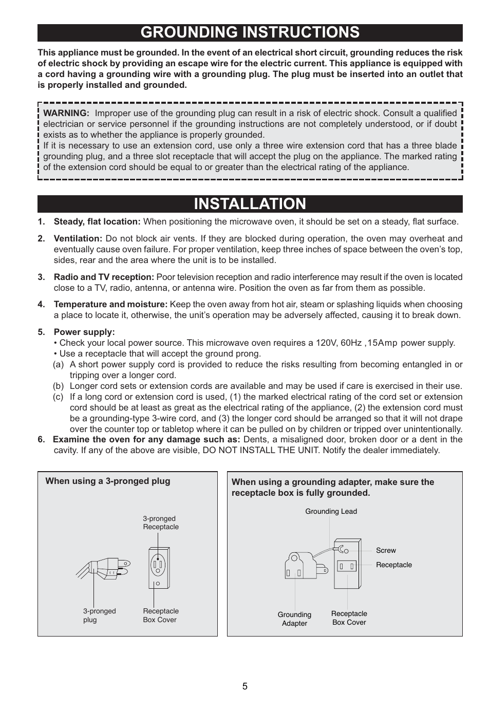 Grounding instructions installation | Emerson Radio MW1161SB User Manual | Page 6 / 28