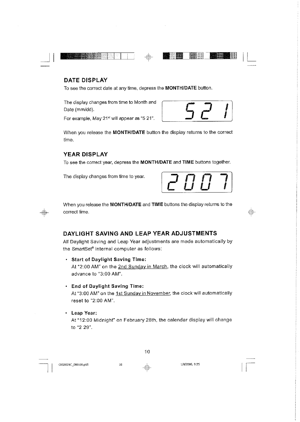 Date display, Year display, Daylight saving and leap year adjustments | Start of daylight saving time, End of daylight saving time, Leap year | Emerson SMARTSET CKS3029C User Manual | Page 11 / 23