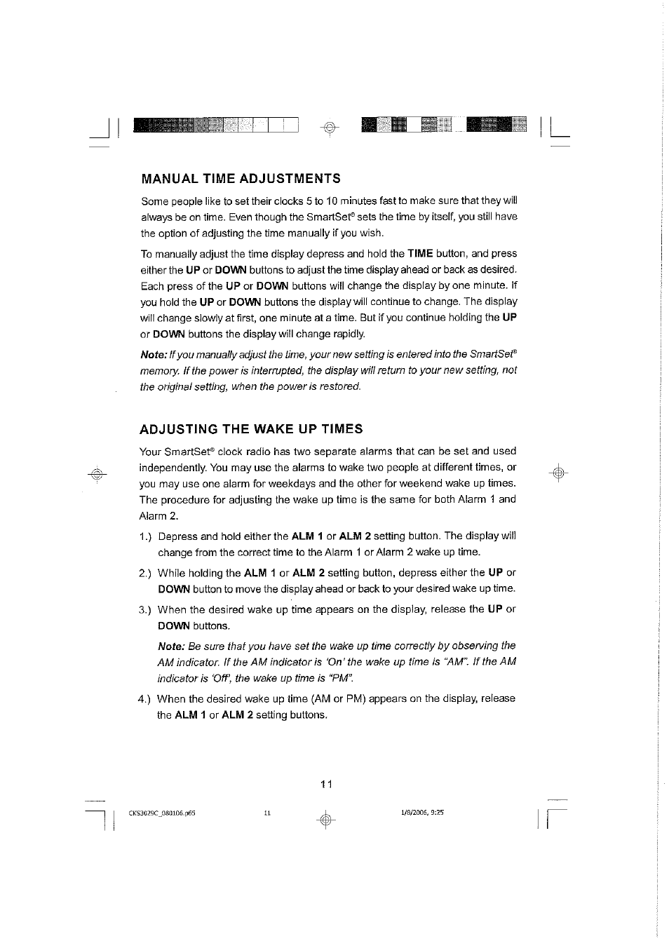 Manual time adjustments, Adjusting the wake up times | Emerson SMARTSET CKS3029C User Manual | Page 12 / 23