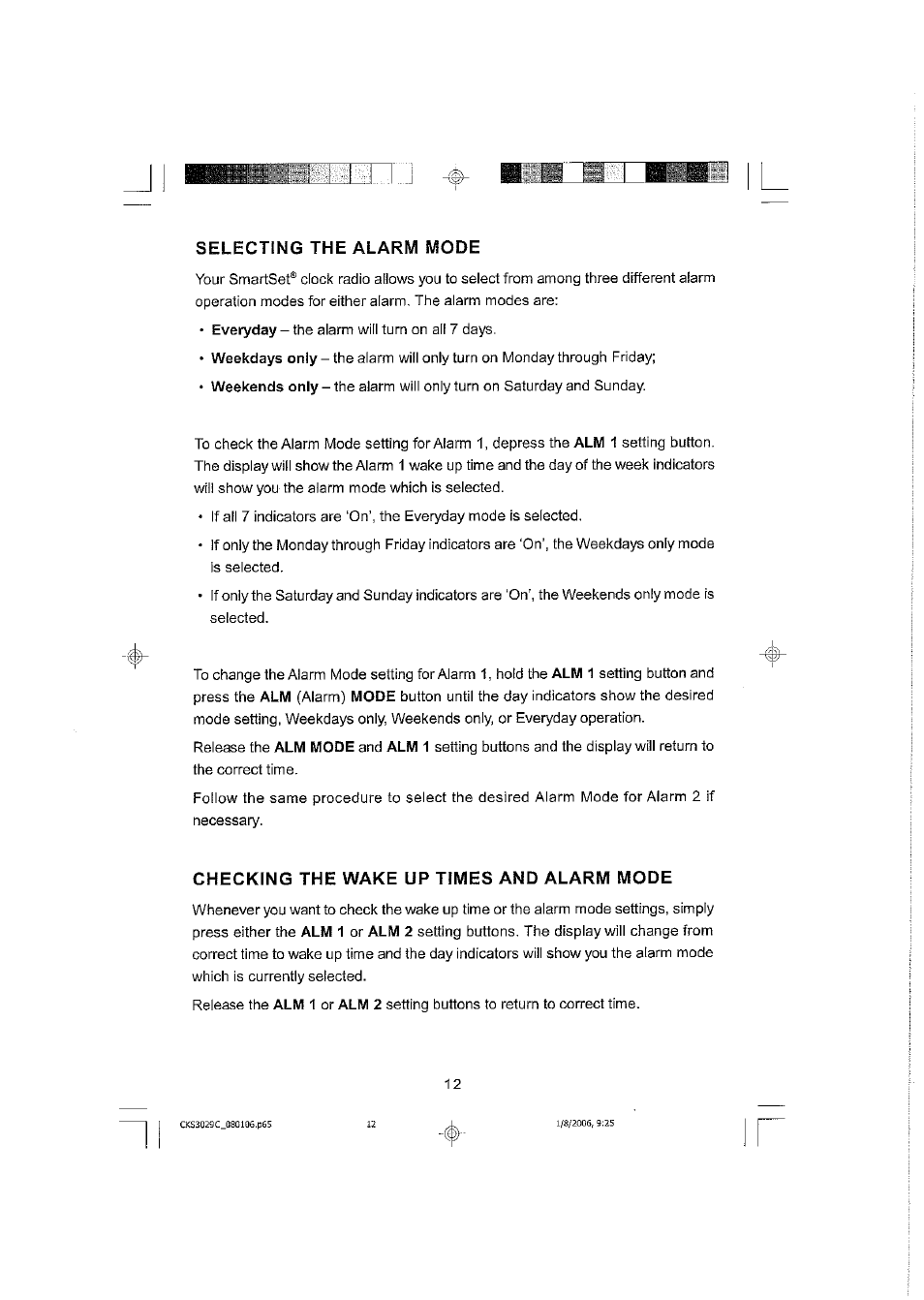 Selecting the alarm mode, Checking the wake up times and alarm mode | Emerson SMARTSET CKS3029C User Manual | Page 13 / 23