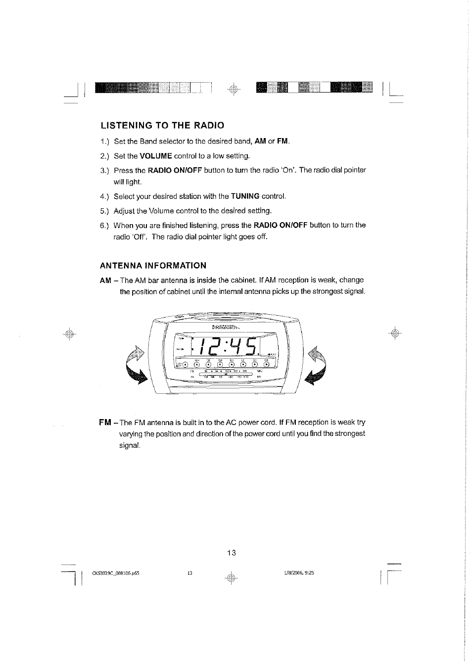 Listening to the radio, Antenna information | Emerson SMARTSET CKS3029C User Manual | Page 14 / 23