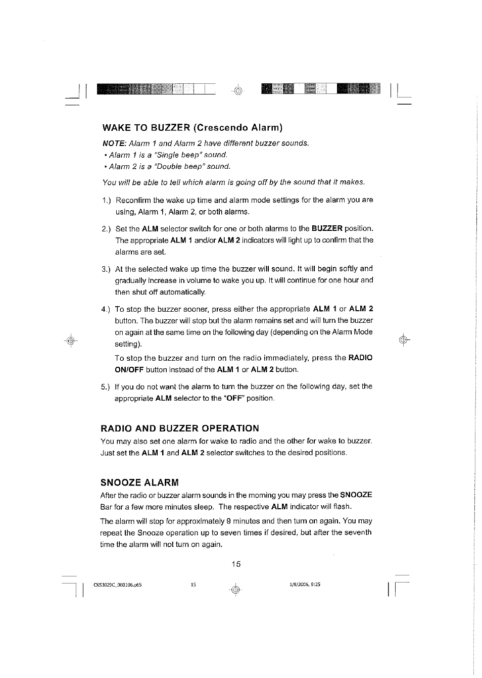 Wake to buzzer (crescendo alarm), Radio and buzzer operation, Snooze alarm | Emerson SMARTSET CKS3029C User Manual | Page 16 / 23