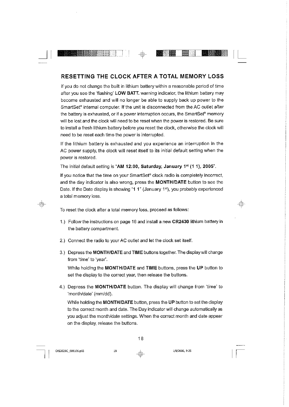 Resetting the clock after a total memory loss | Emerson SMARTSET CKS3029C User Manual | Page 19 / 23