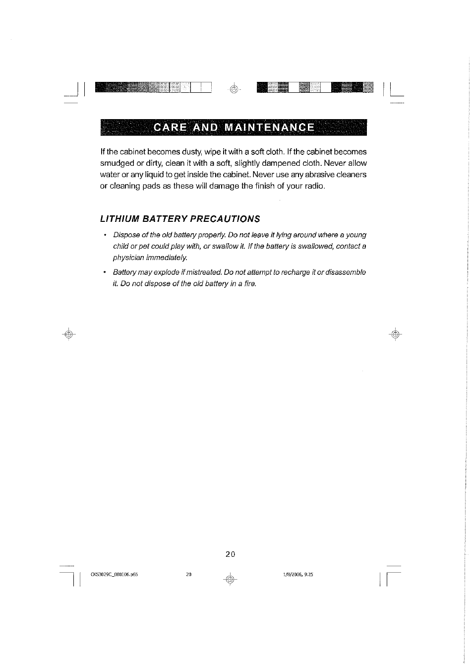 Care and maintenance, Lithium battery precautions | Emerson SMARTSET CKS3029C User Manual | Page 21 / 23