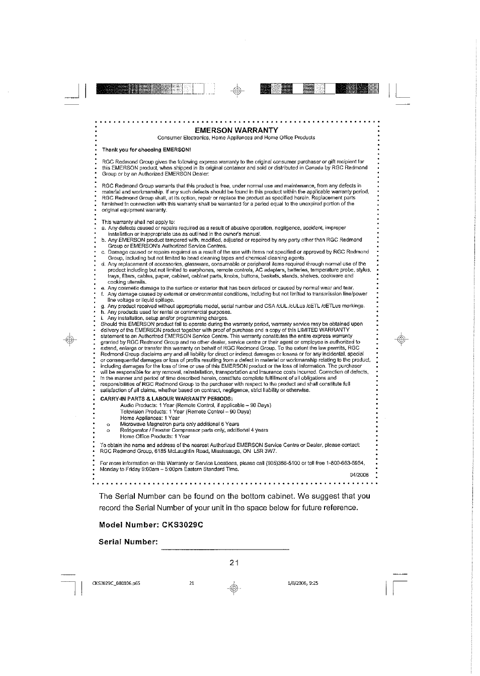 Emerson! warranty, Model number: cks3029c, Serial number | Emerson SMARTSET CKS3029C User Manual | Page 22 / 23