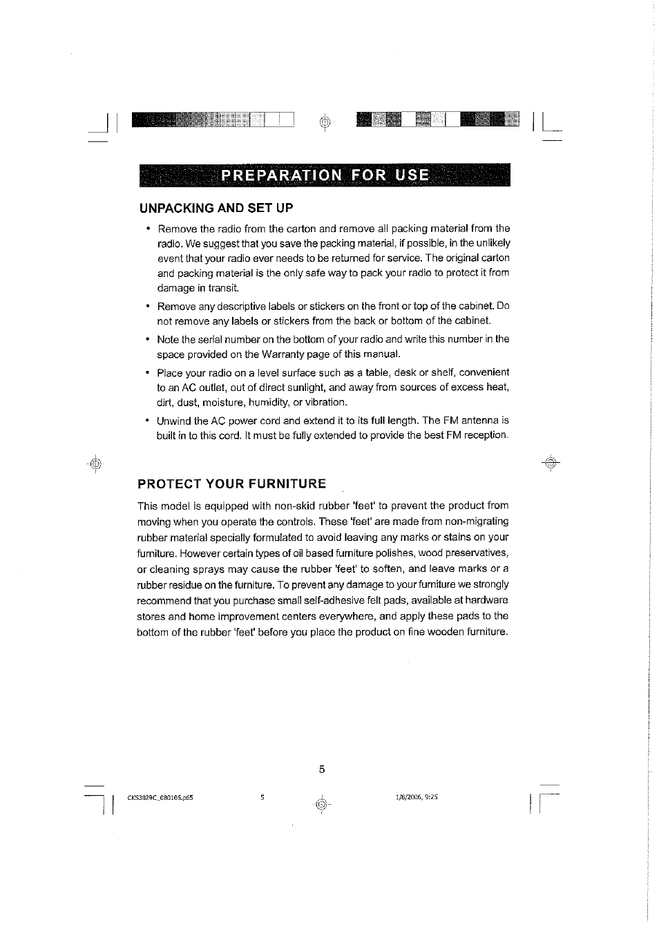Preparation for use, Unpacking and set up, Protect your furniture | Emerson SMARTSET CKS3029C User Manual | Page 6 / 23