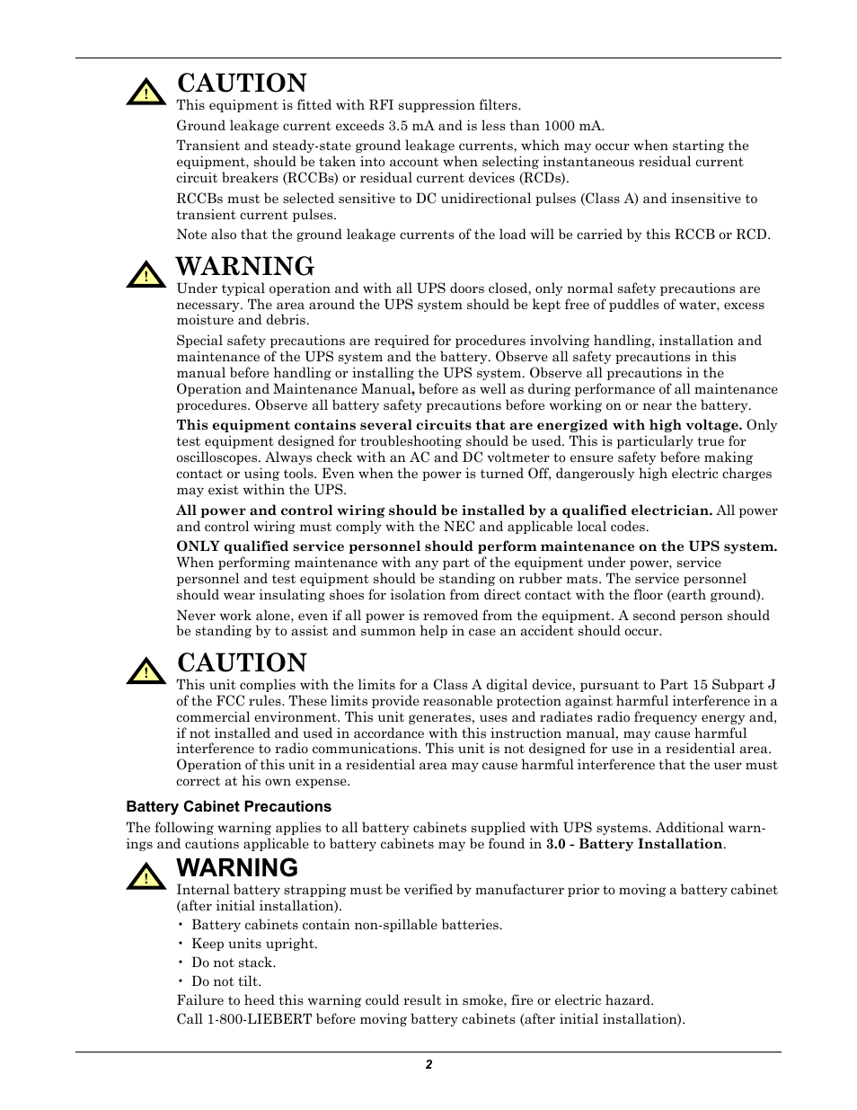 Battery cabinet precautions, Caution, Warning | Emerson Liebert NX 10-30kVA User Manual | Page 10 / 112