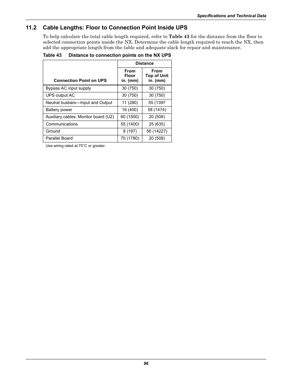 Table 43, Distance to connection points on the nx ups | Emerson Liebert NX 10-30kVA User Manual | Page 104 / 112