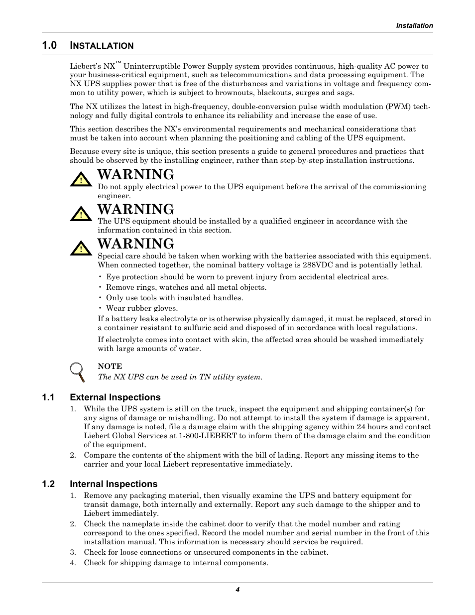 0 installation, 1 external inspections, 2 internal inspections | Nstallation, External inspections, Internal inspections, Warning | Emerson Liebert NX 10-30kVA User Manual | Page 12 / 112