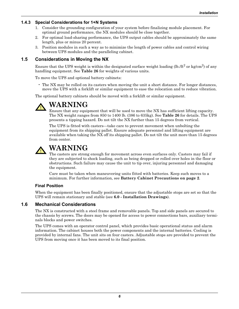 3 special considerations for 1+n systems, 5 considerations in moving the nx, Final position | 6 mechanical considerations, Special considerations for 1+n systems, Considerations in moving the nx, Mechanical considerations, Warning | Emerson Liebert NX 10-30kVA User Manual | Page 14 / 112