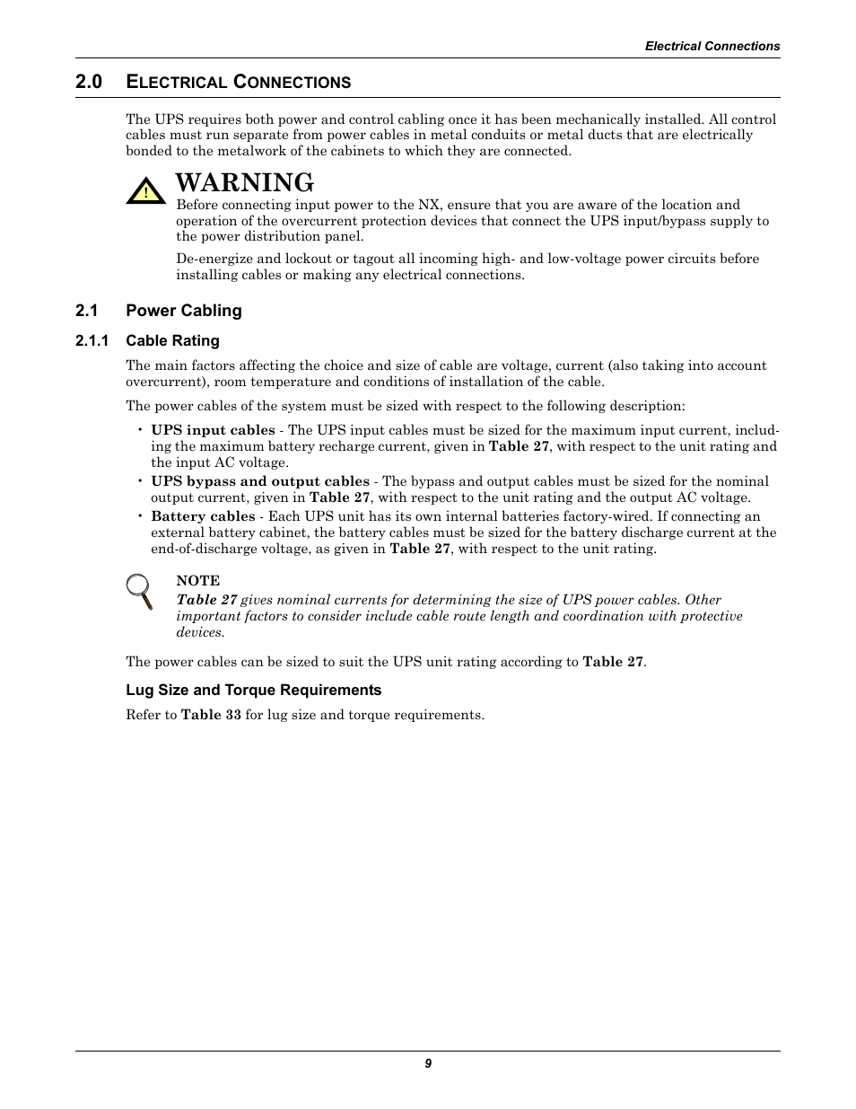 0 electrical connections, 1 power cabling, 1 cable rating | Lug size and torque requirements, Lectrical, Onnections, Power cabling, Cable rating, Warning | Emerson Liebert NX 10-30kVA User Manual | Page 17 / 112