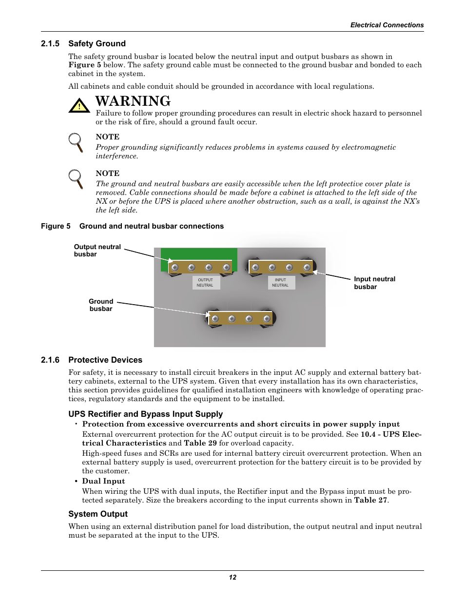 5 safety ground, Figure 5 ground and neutral busbar connections, 6 protective devices | Ups rectifier and bypass input supply, System output, Safety ground, Protective devices, Figure 5, Ground and neutral busbar connections, Warning | Emerson Liebert NX 10-30kVA User Manual | Page 20 / 112