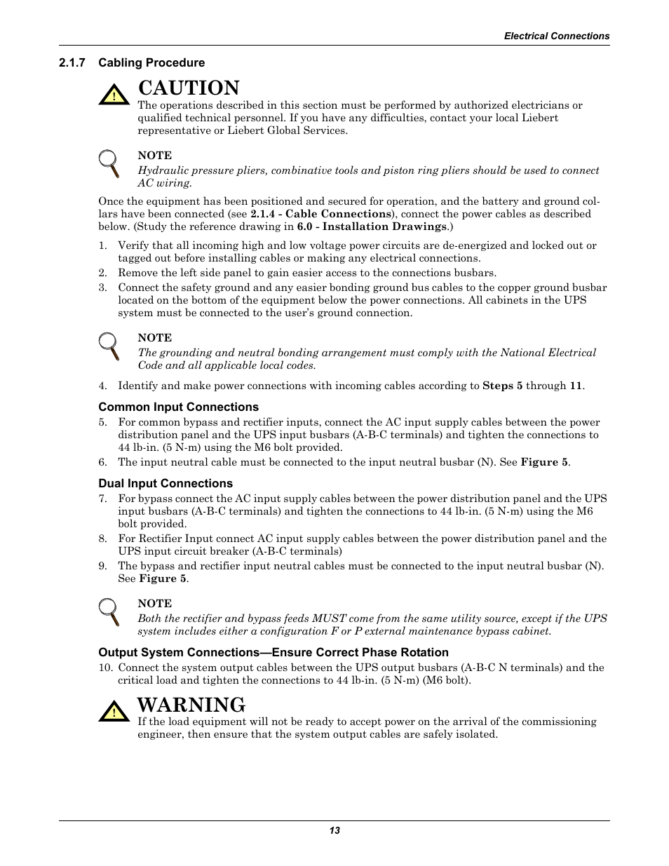 7 cabling procedure, Common input connections, Dual input connections | Cabling procedure, Caution, Warning | Emerson Liebert NX 10-30kVA User Manual | Page 21 / 112