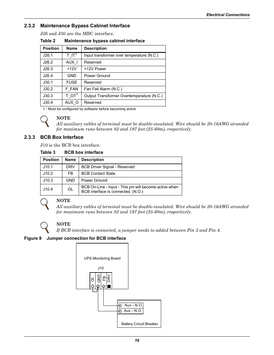 2 maintenance bypass cabinet interface, Table 2 maintenance bypass cabinet interface, 3 bcb box interface | Table 3 bcb box interface, Figure 9 jumper connection for bcb interface, Maintenance bypass cabinet interface, Bcb box interface, Figure 9, Jumper connection for bcb interface, Table 2 | Emerson Liebert NX 10-30kVA User Manual | Page 24 / 112