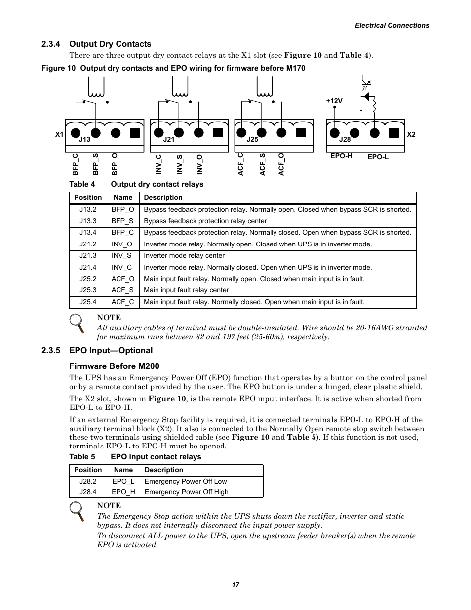 4 output dry contacts, Table 4 output dry contact relays, 5 epo input-optional | Firmware before m200, Table 5 epo input contact relays, Output dry contacts, Epo input—optional, Table 4, Output dry contact relays, Table 5 | Emerson Liebert NX 10-30kVA User Manual | Page 25 / 112