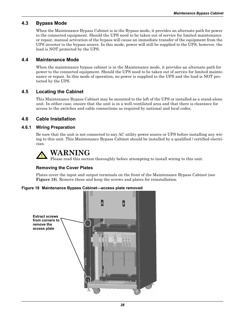 3 bypass mode, 4 maintenance mode, 5 locating the cabinet | 6 cable installation, 1 wiring preparation, Removing the cover plates, Bypass mode, Maintenance mode, Locating the cabinet, Cable installation | Emerson Liebert NX 10-30kVA User Manual | Page 34 / 112