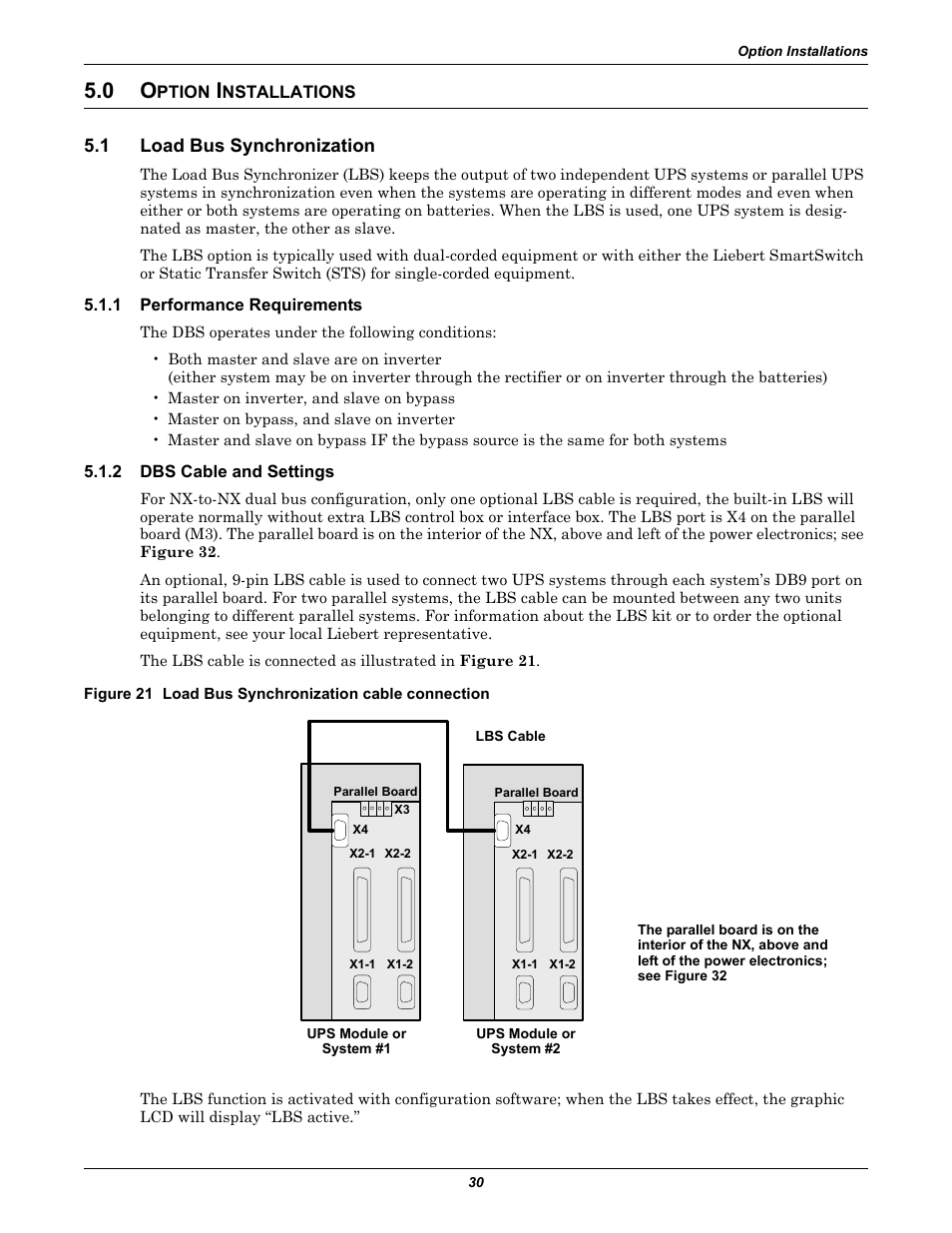 0 option installations, 1 load bus synchronization, 1 performance requirements | 2 dbs cable and settings, Ption, Nstallations, Load bus synchronization, Performance requirements, Dbs cable and settings | Emerson Liebert NX 10-30kVA User Manual | Page 38 / 112