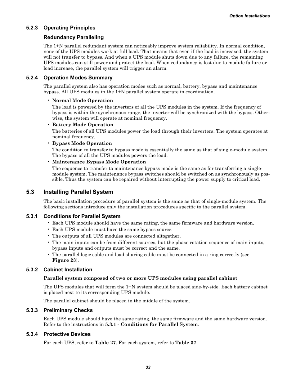 3 operating principles, Redundancy paralleling, 4 operation modes summary | 3 installing parallel system, 1 conditions for parallel system, 2 cabinet installation, 3 preliminary checks, 4 protective devices, Operating principles, Operation modes summary | Emerson Liebert NX 10-30kVA User Manual | Page 41 / 112