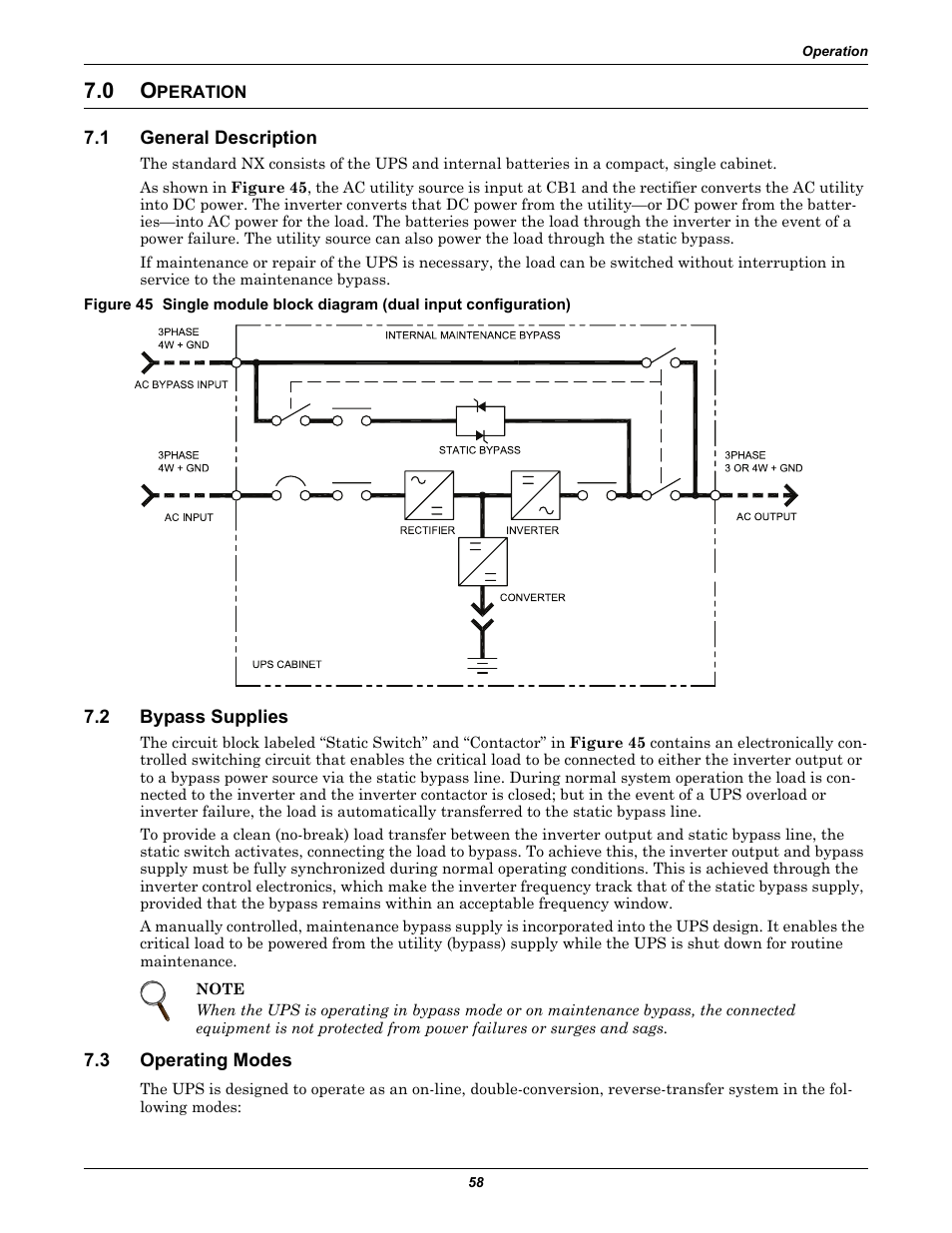0 operation, 1 general description, 2 bypass supplies | 3 operating modes, Peration, General description, Bypass supplies, Operating modes | Emerson Liebert NX 10-30kVA User Manual | Page 66 / 112