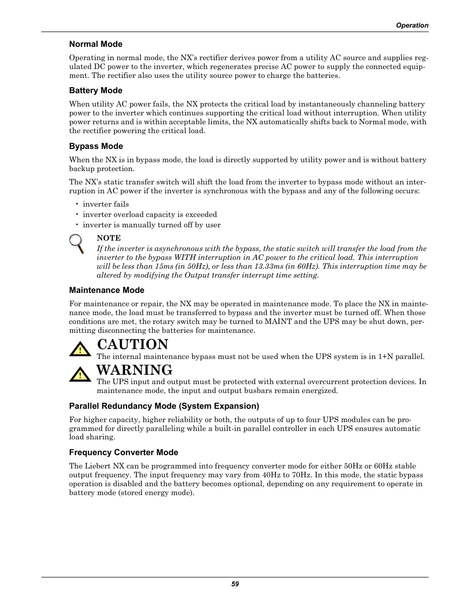 Normal mode, Battery mode, Bypass mode | Maintenance mode, Parallel redundancy mode (system expansion), Frequency converter mode, Caution, Warning | Emerson Liebert NX 10-30kVA User Manual | Page 67 / 112