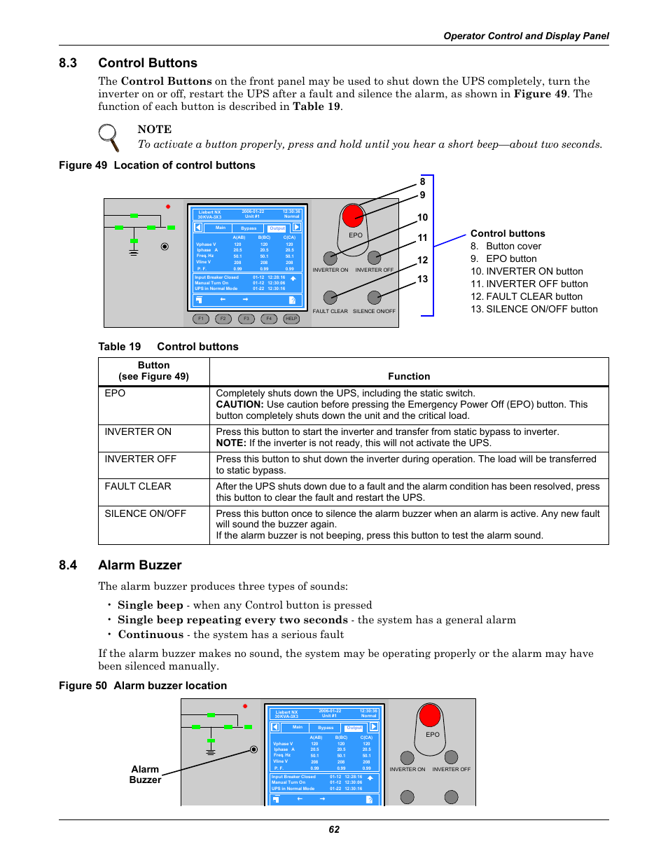 3 control buttons, Figure 49 location of control buttons, Table 19 control buttons | 4 alarm buzzer, Figure 50 alarm buzzer location, Control buttons, Alarm buzzer, Table 19, Operator control and display panel 62 | Emerson Liebert NX 10-30kVA User Manual | Page 70 / 112