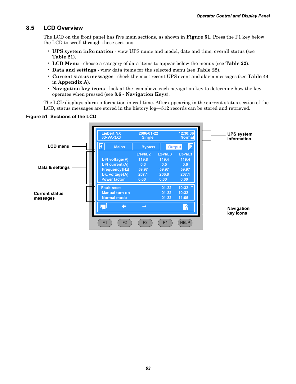 5 lcd overview, Figure 51 sections of the lcd, Lcd overview | Emerson Liebert NX 10-30kVA User Manual | Page 71 / 112